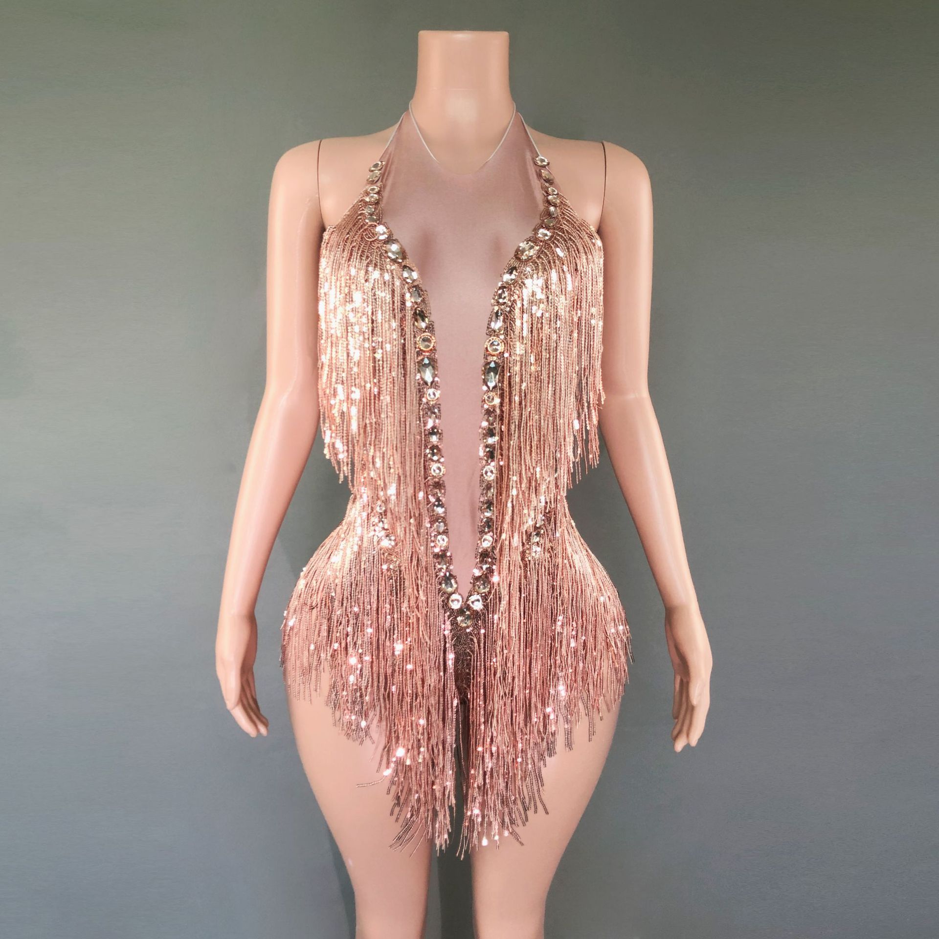 stock新款欧美舞蹈性感闪亮水钻弹力亮片流苏连体衣舞台演出服女