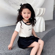 女童套装2024夏款新款韩版女宝宝蝴蝶结休闲夏装时髦儿童两件套潮