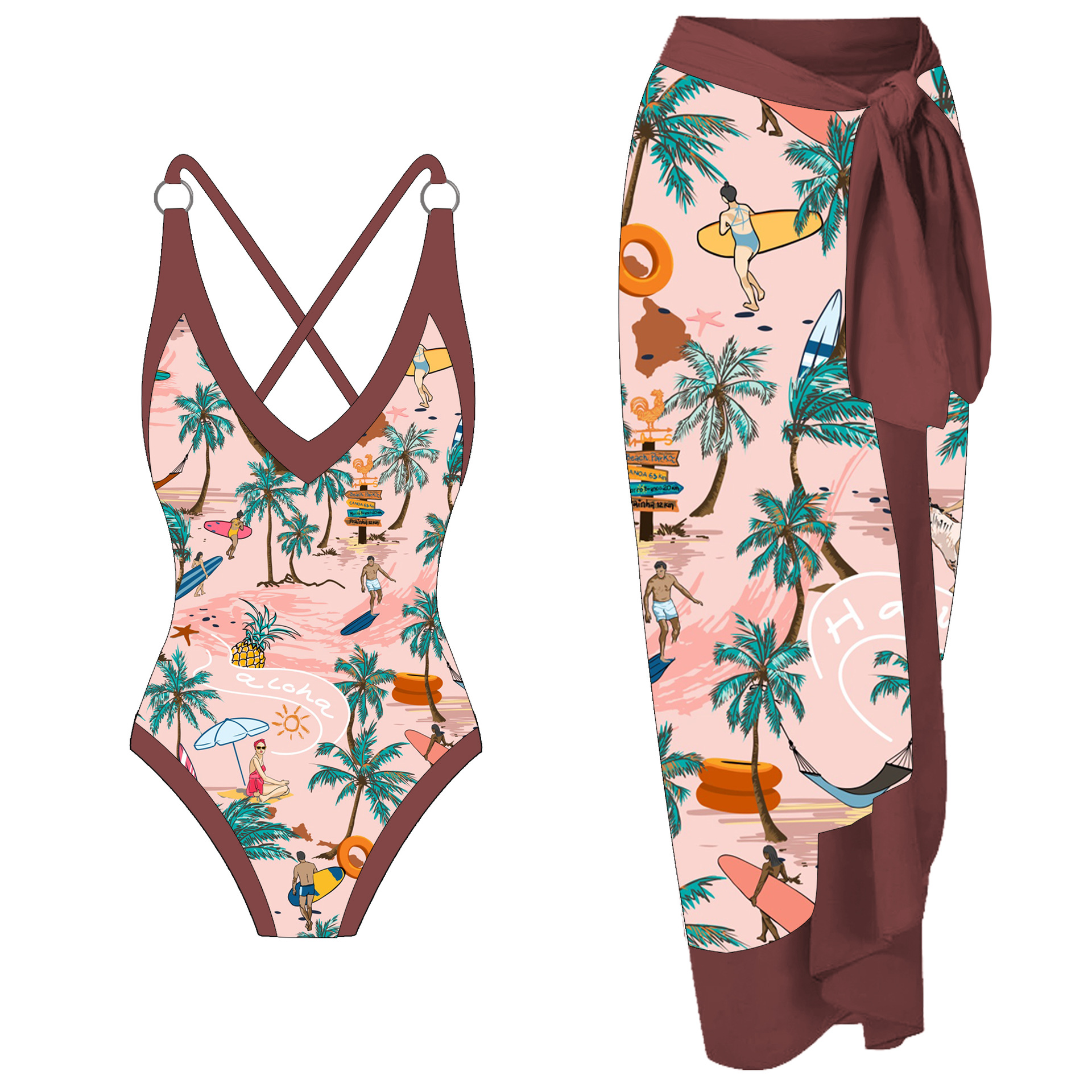 2023 New European and American Foreign Trade One-Piece Swimsuit Customized Coconut Printed Beach Overskirt Swimsuit for Women