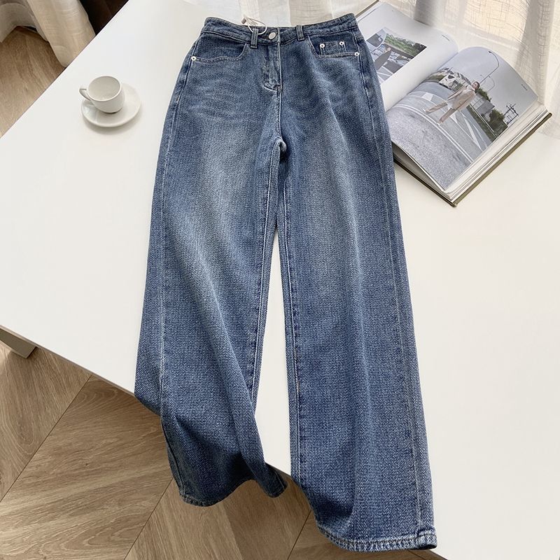 american retro blue straight jeans women‘s spring and autumn design sense niche high waist loose wide legs mop pants