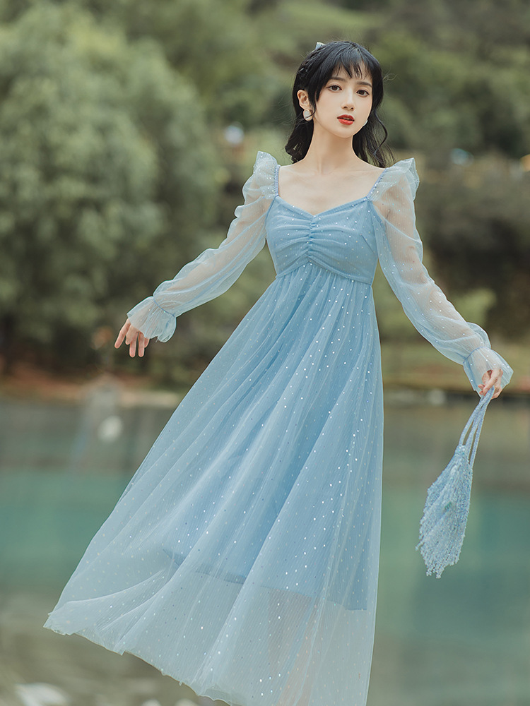 实拍2022春季新款可盐可甜一字领网纱高腰连衣裙度假仙女礼服长裙