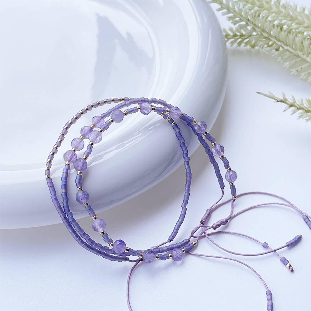 妮茜极细日本进口小米珠手链天然紫水晶紫色系列三件套小众女手饰