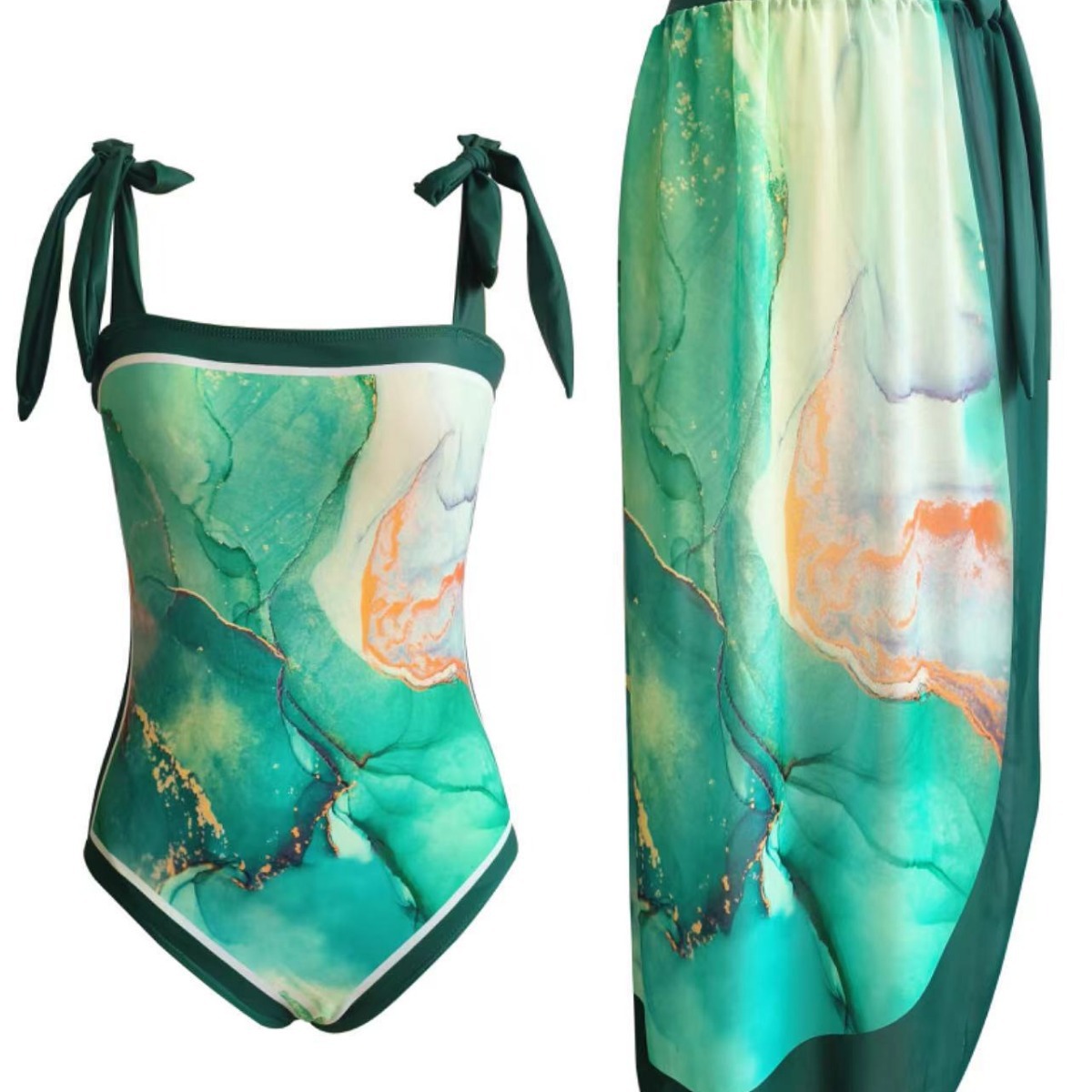 连体泳衣两件套2023亚马逊欧美保守沙滩裙披肩罩衫比基尼泳装套装