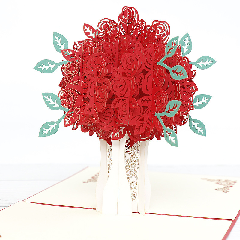 厂家批发情人节立体贺卡玫瑰花束贺卡镂空创意贺卡