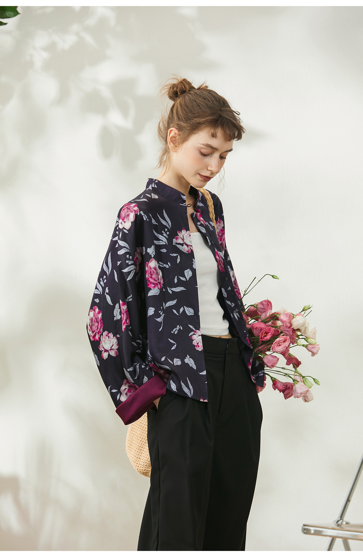 米可帛恩中式改良版重磅真丝外套优雅印花长袖秋季上衣83804