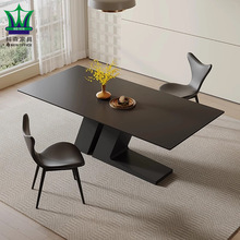 依诺黑色岩板餐桌椅组合现代简约小户型餐厅家用饭桌长方形餐桌