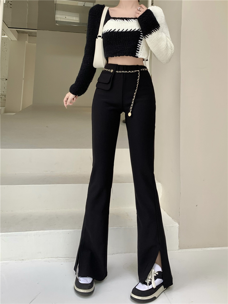 好品质黑色裤子女秋冬加绒加厚修身显瘦弹力开叉喇叭裤休闲长裤