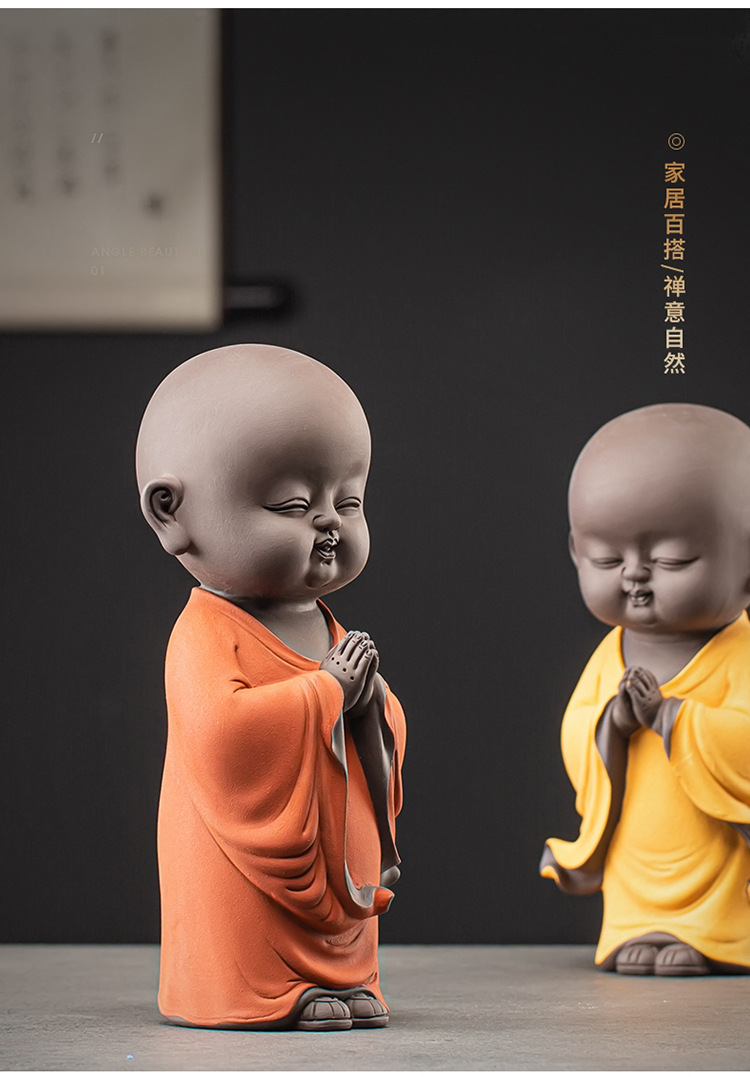 精品紫砂禅意小和尚摆件可爱小沙弥家居客厅书柜装饰品办公室摆设