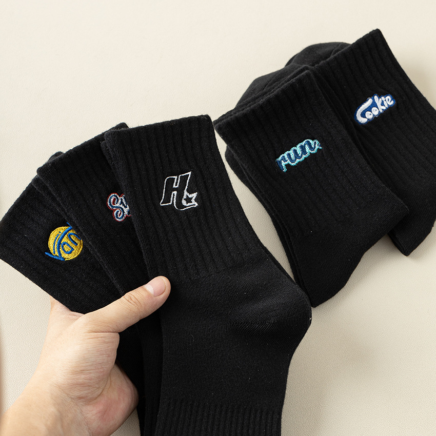 New Fall Winter Men Athletic Stockings Embroidery Simple Black Style Middle Tube Cotton Socks Students' Socks Cross-Border Supply