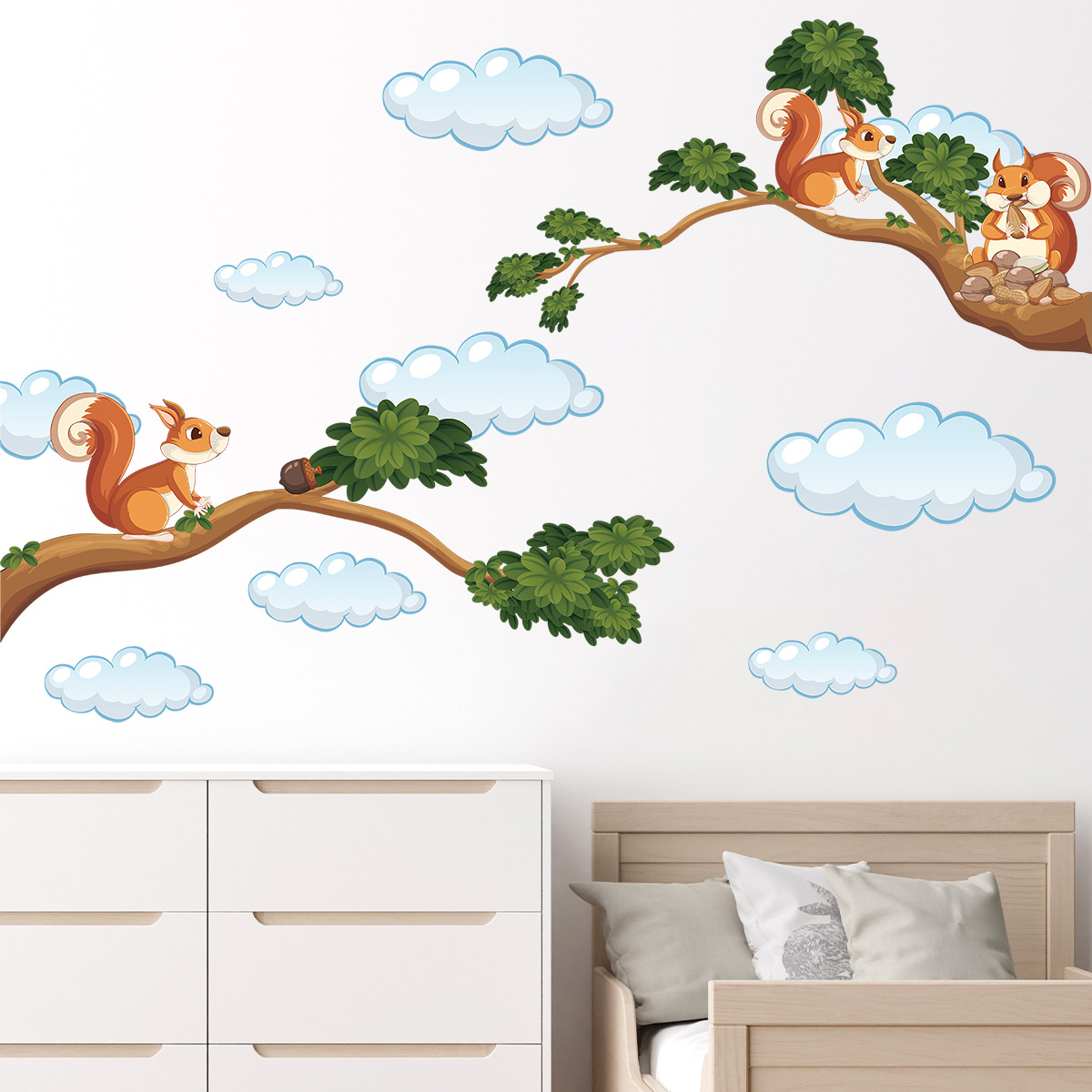 树枝小松鼠自粘墙贴卡通可爱儿童房间幼儿园教室装饰贴纸br0373e