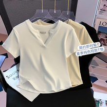 v领设计感纯色短袖t恤女2024新款夏季小个子短款宽松显瘦气质上衣