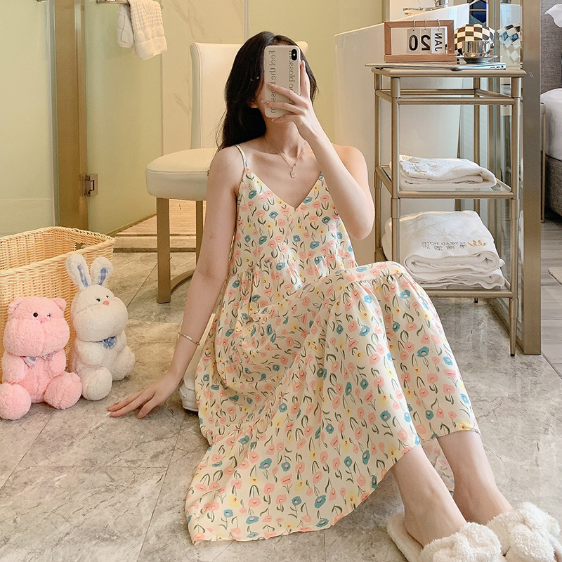 Artificial Cotton Nightdress Women's Summer New Small Floral Strap Dress Internet Celebrity Live Large Size Long Pajamas Home