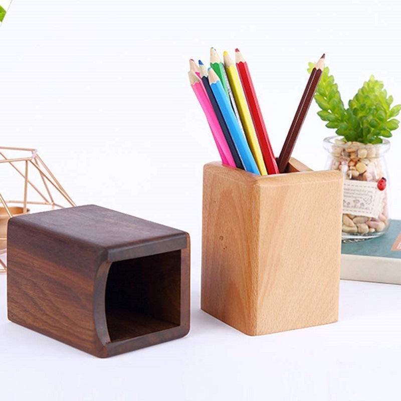 Pen Holder Creative Square Solid Wood Student Stationery Decoration Beech Black Walnut Wood Printable Logo