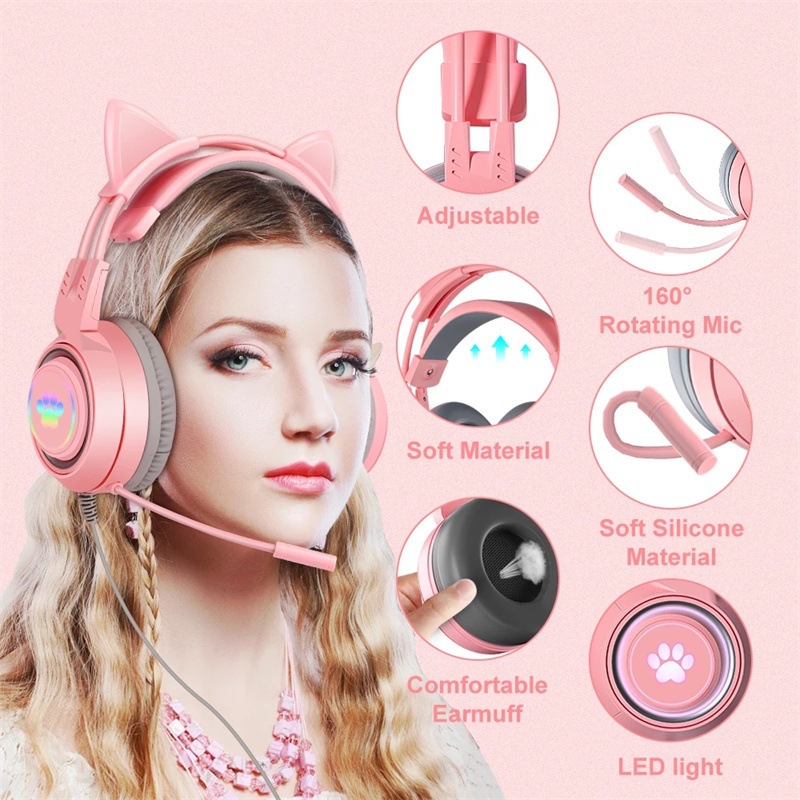 Sy-G25 Cross-Border Hot Cat Ear Luminous Game Computer Headset Wired Headphones Gaming Headsets Wholesale