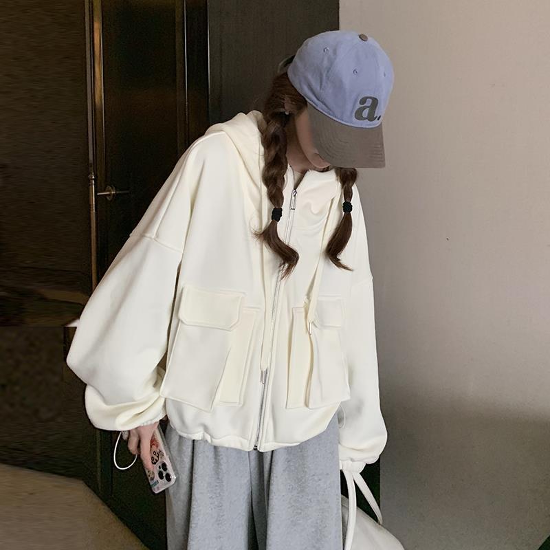 白色连帽卫衣外套女春秋小个子2024年新款学院风减龄宽松休闲上衣