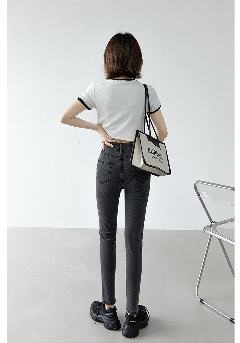 烟灰色牛仔裤女复古中高腰加薄绒小脚裤修身显瘦九分铅笔裤子春秋