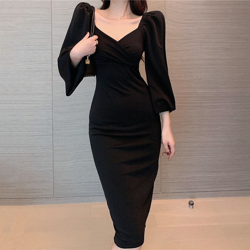 领女气质长裙包肩收腰袖连衣裙修身黑色灯笼臀秋季一字裙子v开叉