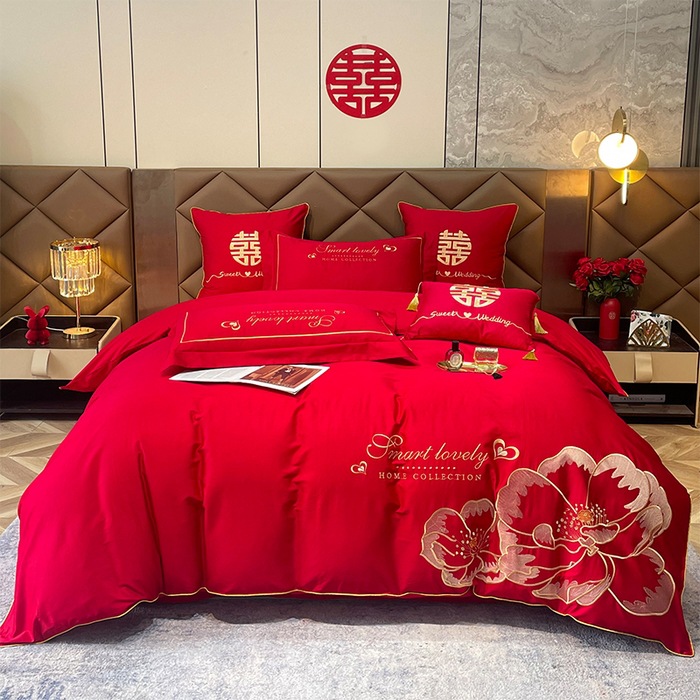 纯棉款40支刺绣婚庆四件套结婚陪嫁床上用品全棉多件套大红色纯棉