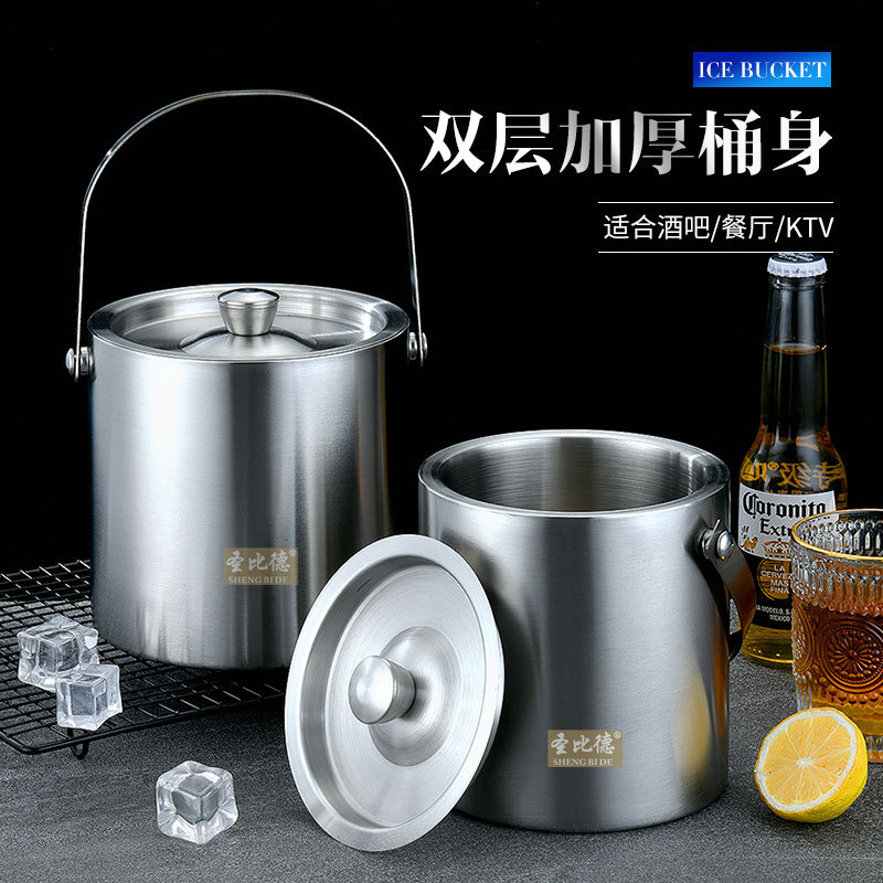 Amazon Simple 304 Stainless Steel Ice Bucket Champagne Bucket Outdoor Thermal Beer Barrel Double-Layer Straight Bar Supplies