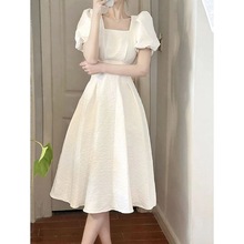 6615#法式初恋白色大摆长裙子夏季女装方领收腰显瘦气质连衣裙子