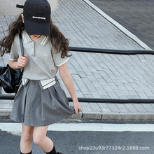 韩版童装女童套装2024夏季新款儿童学院风短袖百褶裙两件套女大童