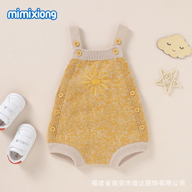 Ins Hot Autumn New Baby Sunflower Embroidered Strap Knitted Jumpsuit Triangle Romper Baby Clothes