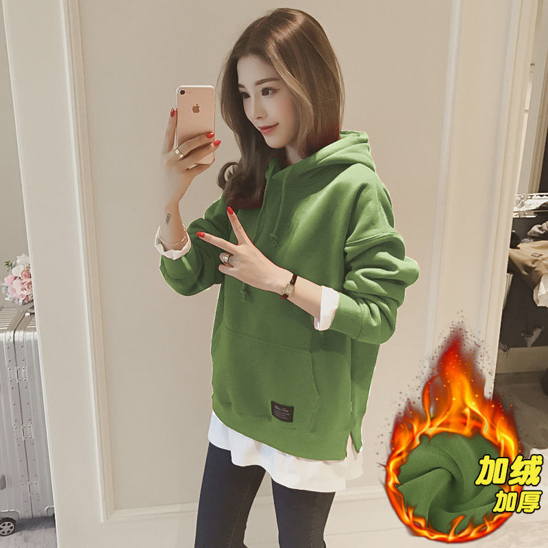 加绒加厚卫衣女2023秋冬新款学生假两件中长款连帽纯色上衣潮批发