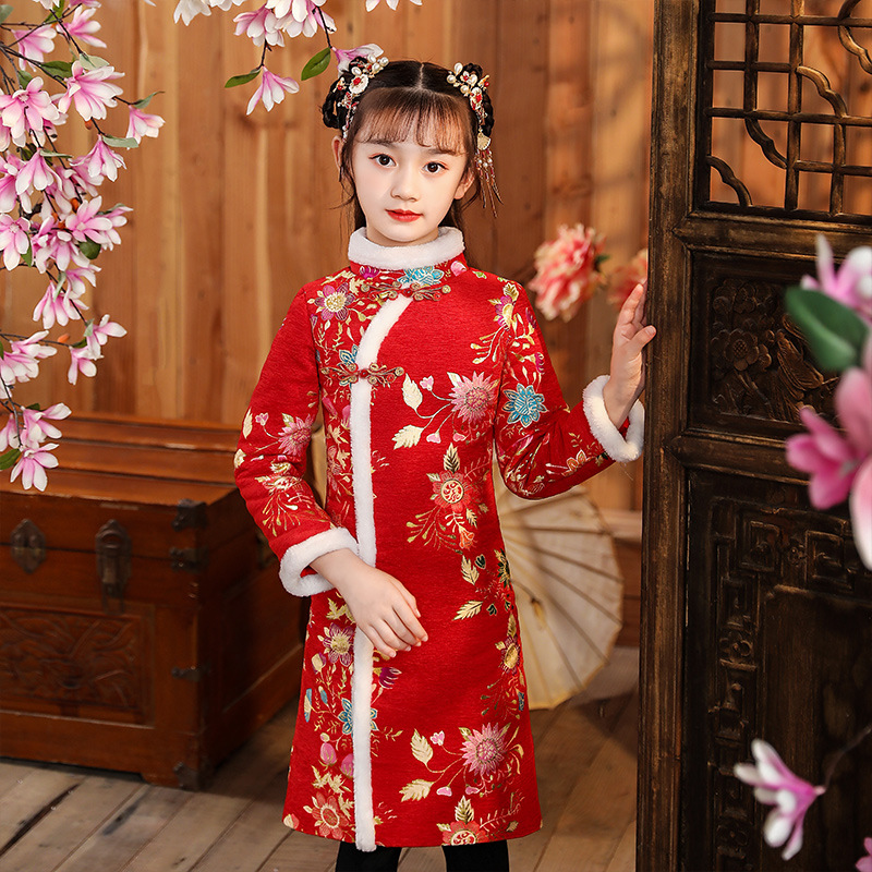 红色女童拜年服冬季宝宝棉袄新年中国风改良过年唐装喜庆儿童旗袍