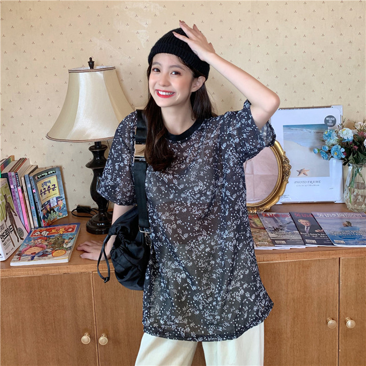 2021夏新款宽松薄款短袖透气冰感碎花雪纺韩版宽松上衣女ins潮