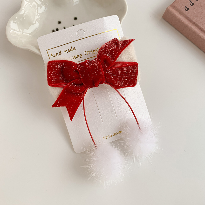 Children's Bow Duckbill Clip Children 2022 New Year White Fur Ball Duckbill Clip Baby New Year Red Ribbon Barrettes