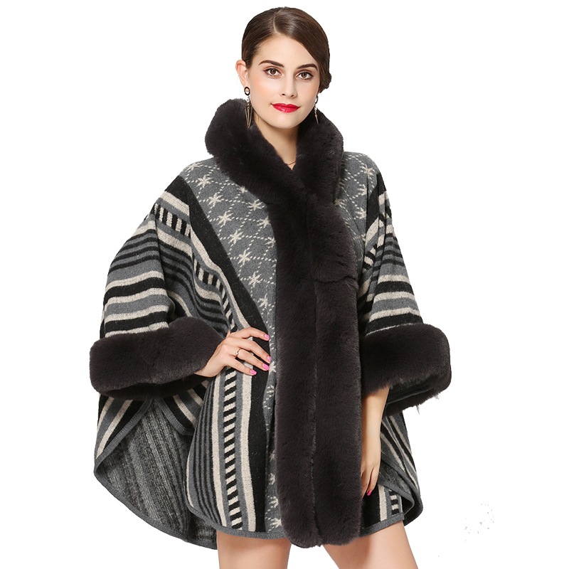 欧美加肥大码仿獭兔毛连帽披肩斗篷女披风外套中长款印花针织开衫