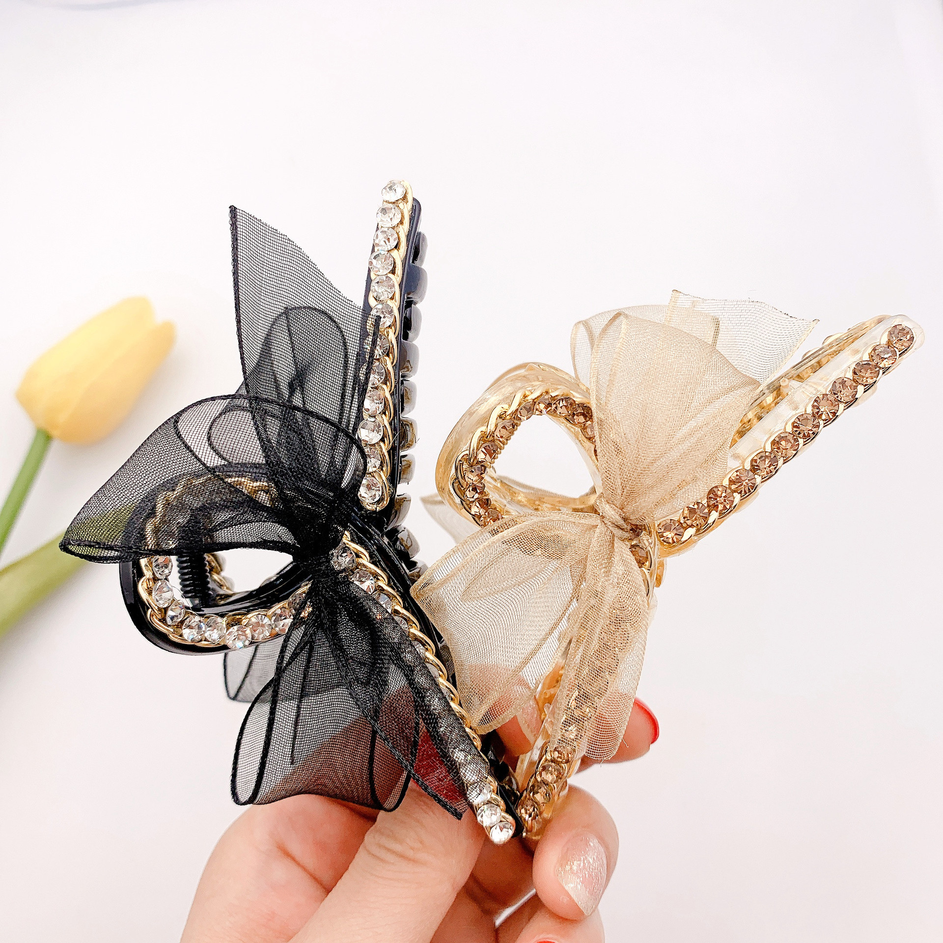 爱彤 日韩ins网纱蝴蝶结抓夹水钻链条发夹仙女气质后脑勺发饰