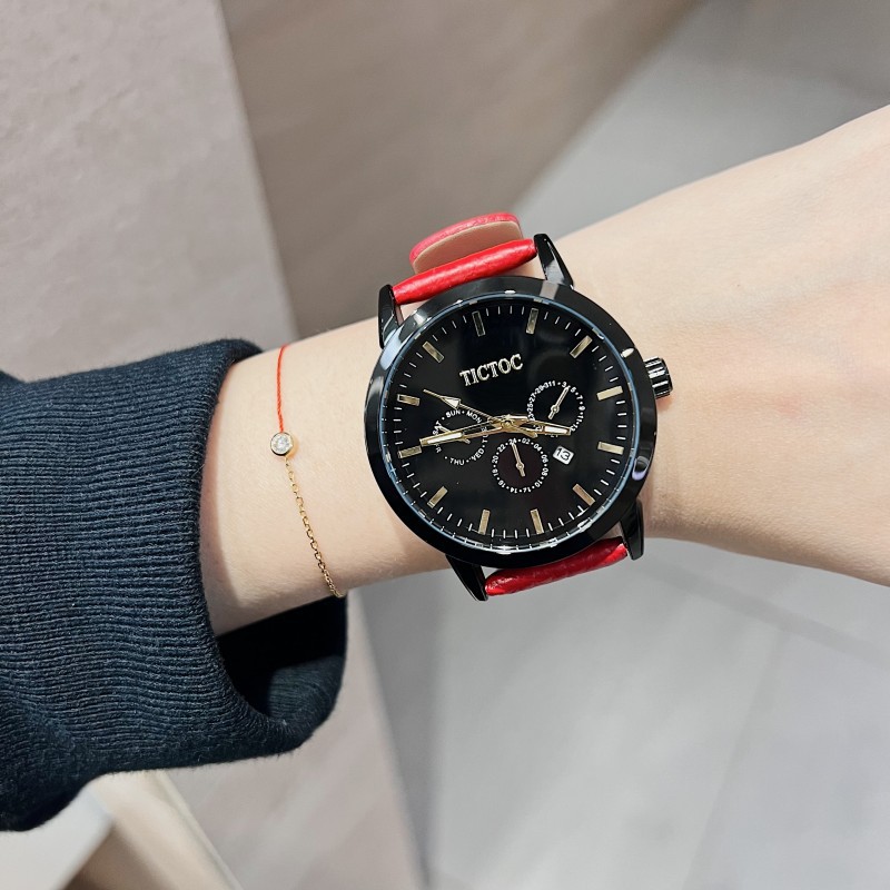 tt新款韩版潮流时尚手表女气质ins大表盘圆形皮表带日历中性女表