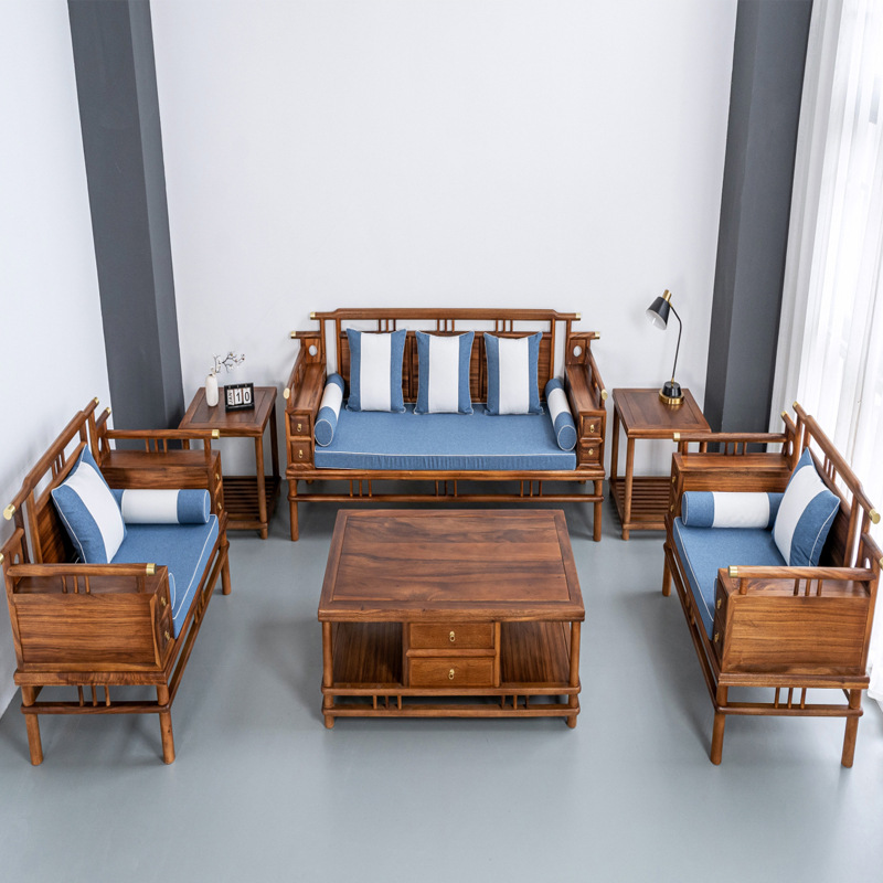 胡桃木实木沙发花梨古典中式客厅沙发组合原木现代转角沙发茶几