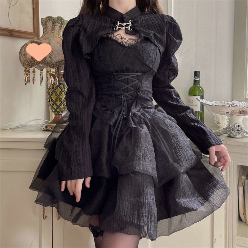 哥特风暗黑系洛丽塔公主蓬蓬裙女童成人黑色连衣裙子套装春秋款