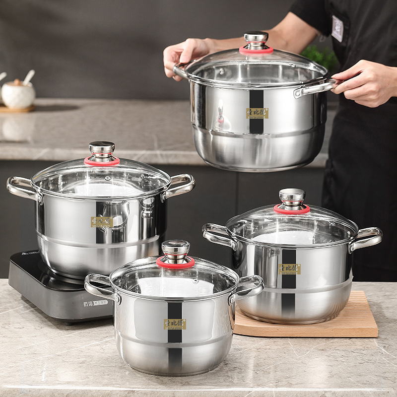 Cross-Border Stainless Steel Pot Set Soup Pot Eight-Piece Set Thickened and Large-Capacity Pot with Two Handles with Plate for Streaming Soup Poy Pot