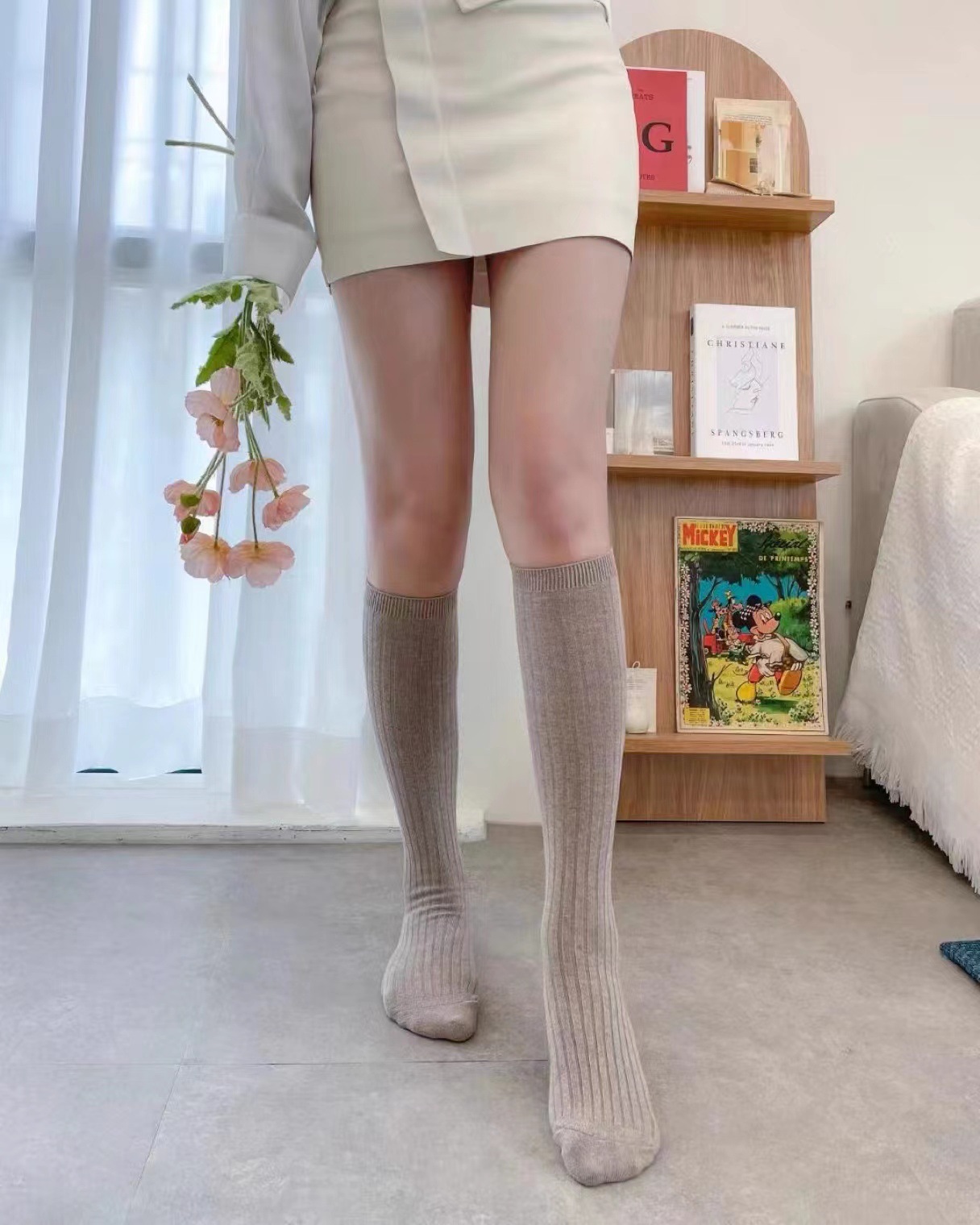 韩国产袜子 marian糖果色竖条纹膝下袜 东大门纯色休闲棉袜长筒袜