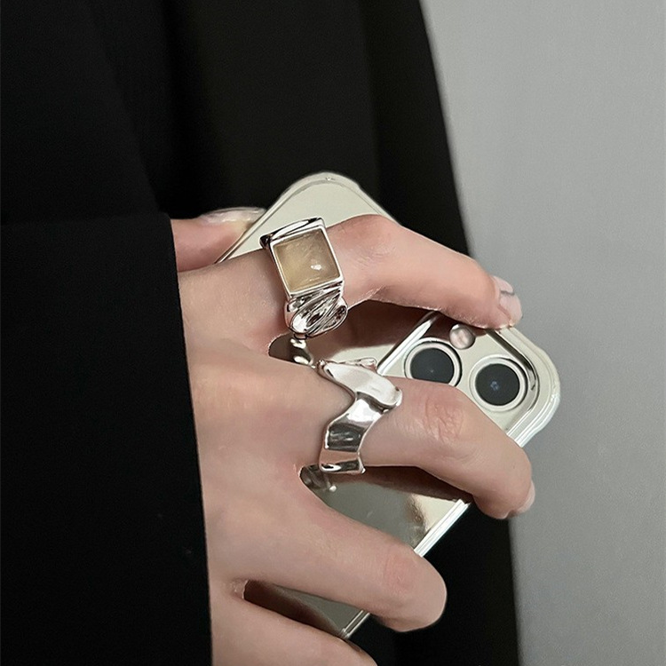 Korean Style S925 Silver Cube Sugar Ring Women's Retro Fashion Geometry Pattern V Open Ring Irregular Ins Index Finger Ring Fashion