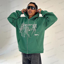 新款hiphop绿色拉链卫衣男子个性街头原宿动漫印花hoodie长袖外套