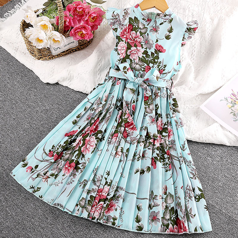 Foreign Trade Children's Wear Summer New Printed Flounced Sleeve Children's Princess Dress Korean Style Girls' Summer Dress Wholesale Delivery