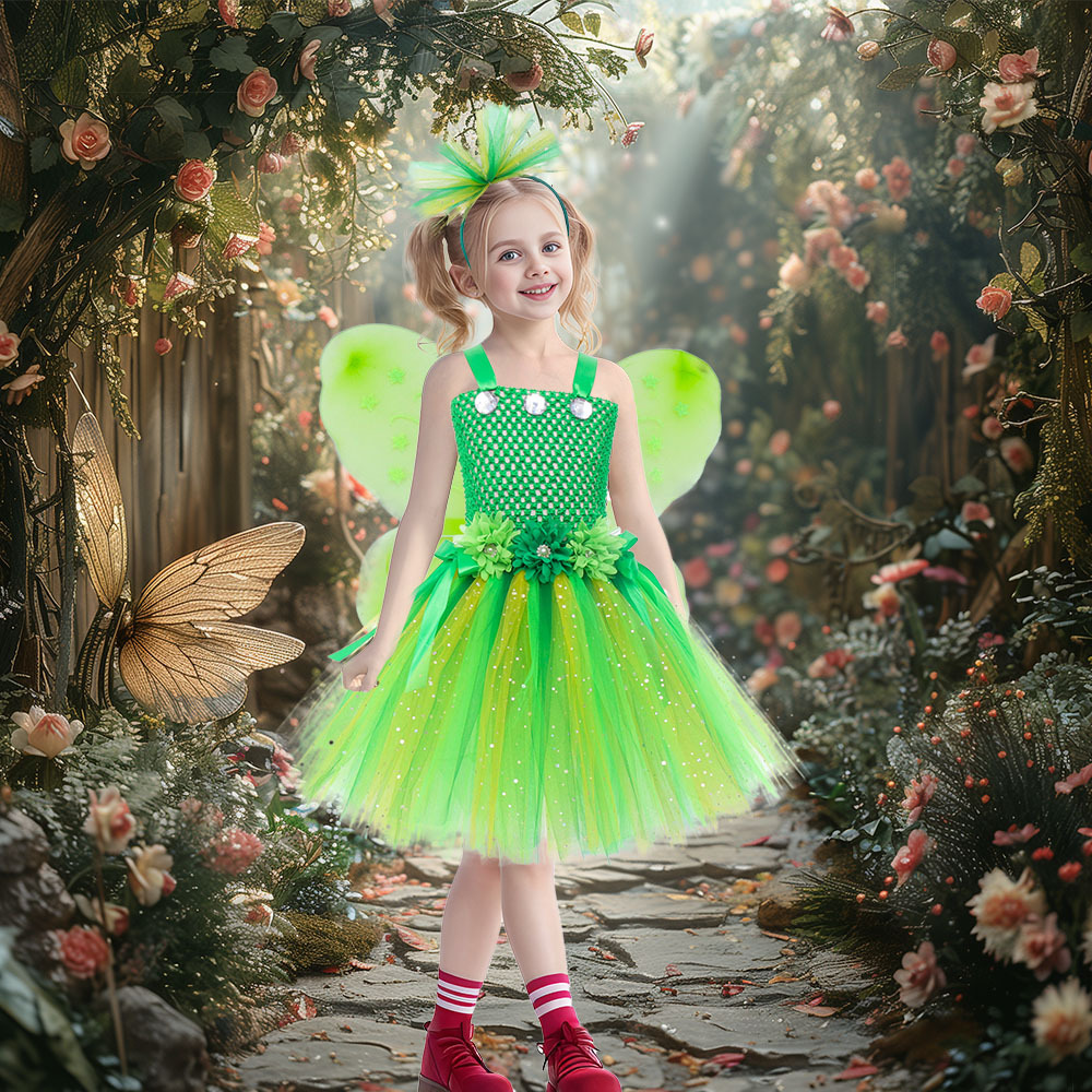 跨境童装糖果色网纱裙公主裙万圣节儿童cos服丛林精灵角色扮演服