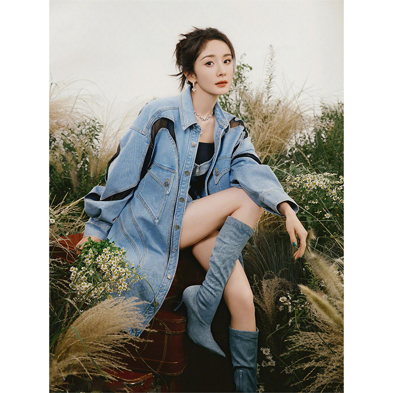 杨幂明星同款今年流行漂亮蓝色拼接牛仔外套抹胸裙两件套装女秋季