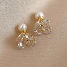 925银针时尚珍珠锆石羽毛球耳钉真金电镀欧美ins高级感气质耳环女