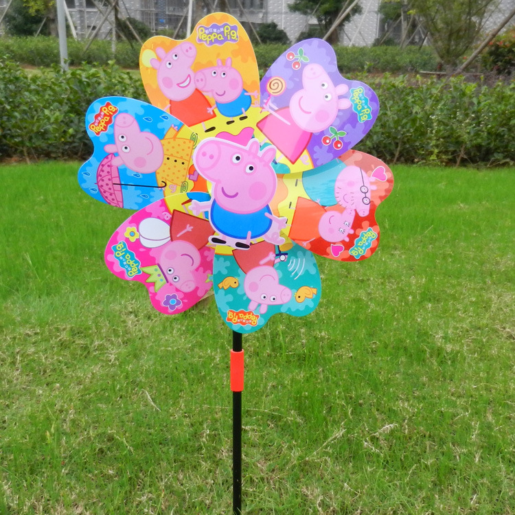 手持网红小猪户外旋转大风车玩具 儿童卡通风车六叶塑料风车装饰