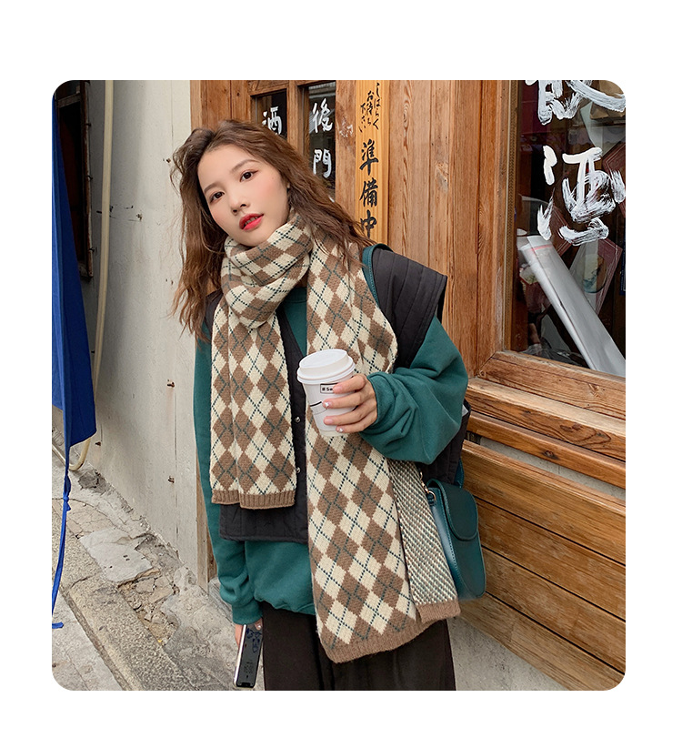 日系菱形格子围巾女冬季韩版百搭学生秋冬加厚保暖毛线针织围脖男