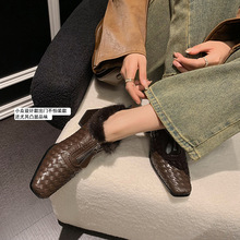 笃笃家~法式设计感编织高跟时装靴2023秋冬方头前拉链气质粗跟靴