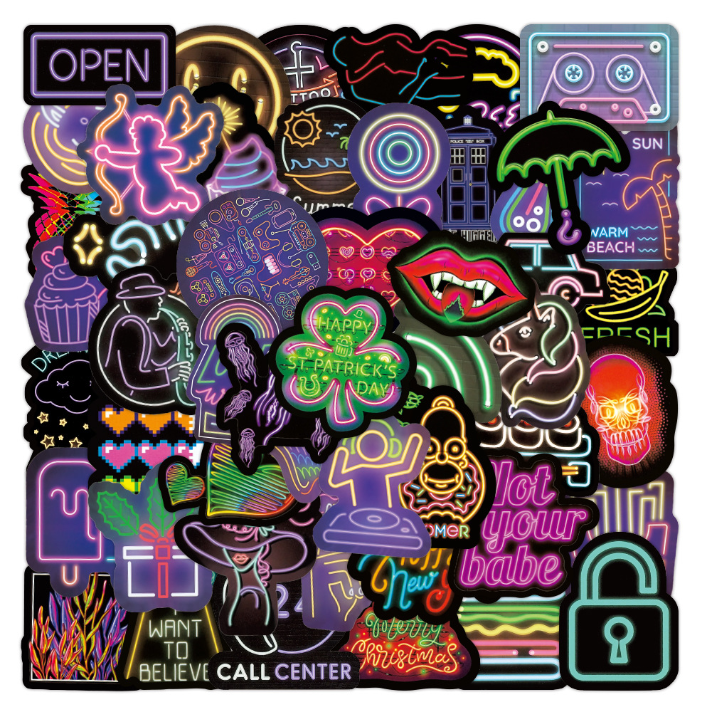 50张不重复霓虹灯个性diy涂鸦贴纸水杯行李箱电瓶车手机贴纸批发
