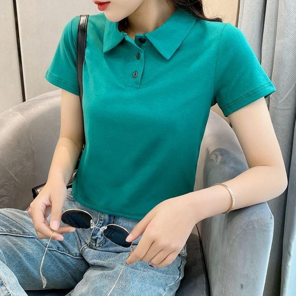 日系黑色polo衫 短袖2022年夏季新款翻领t恤女绿色短款上衣女