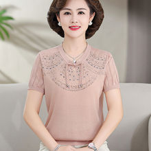 妈妈夏装新中式洋气冰丝短袖50岁中年女薄上衣中老年针织T恤小衫