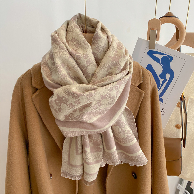 2022 Autumn and Winter Five-Pointed Star Warm Scarf Female Long Thickened Artificial Cashmere Scarf Wholesale Factory Stall Wholesale
